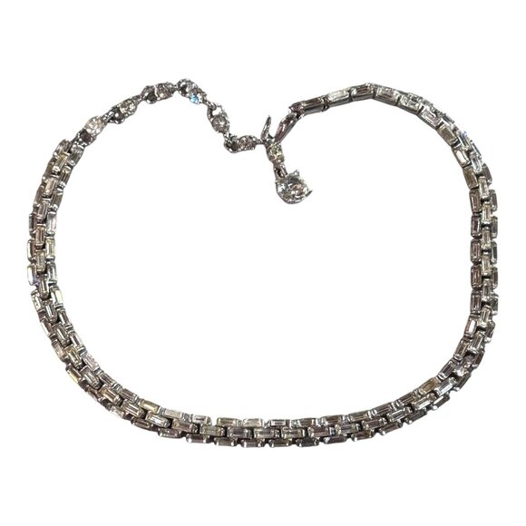 Impressive 1950s Bogoff Baguette Rhinestone & Silver-tone Choker Necklace 16" - Picture 2 of 8